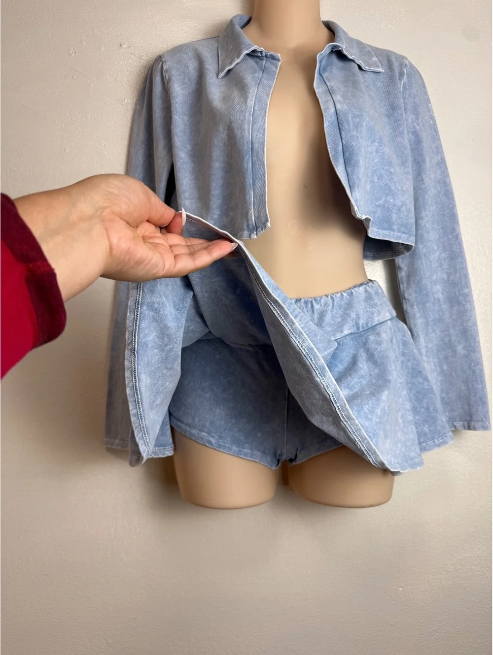 Light Blue Two-Piece Corduroy Crop Jacket and Pleated Skirt Set S/M